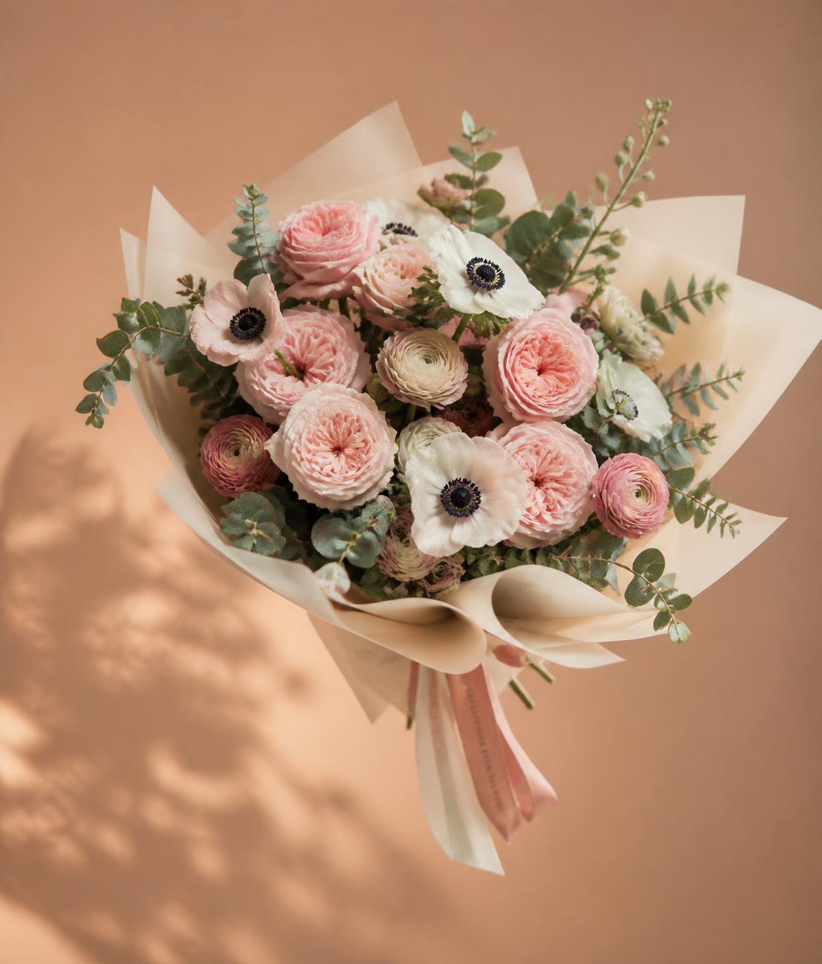 Handgebonden boeket met roze tuinrozen en anemonen van Bloemista Rotterdam